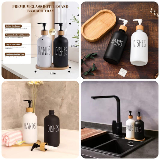 Glass Soap Dispenser Set with Bamboo Tray – Matte Black & White Kitchen Sink Bottles Set Of 2Pcs (Hands & Dishes)