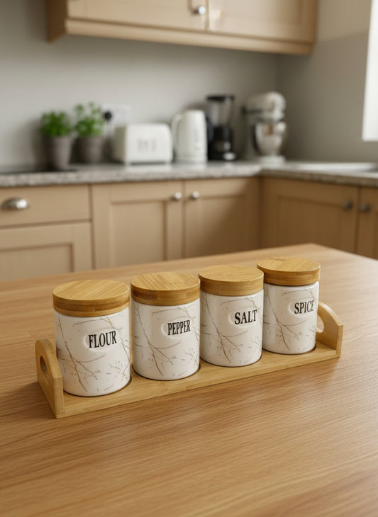 Textured 4 Pcs Ceramic Jar Set With Wooden Tray