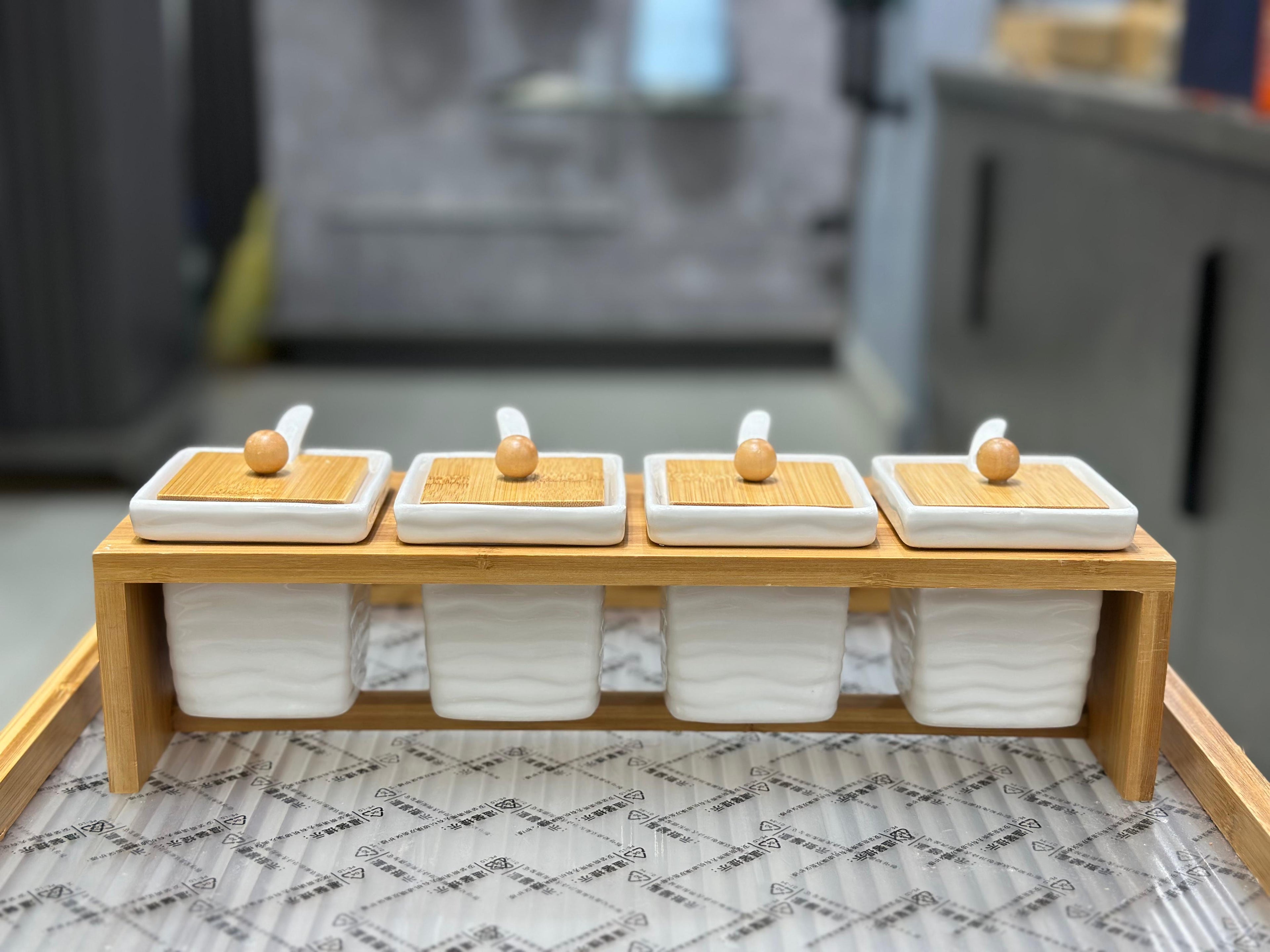 4-Piece Square Ceramic Spice Jar Set with Bamboo Lids, Serving Spoons, and Elevated Bamboo Rack – Modern Kitchen Seasoning Organizer