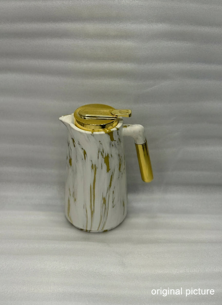 Vacuum Flask Carafe 1L | White Stone Texture Insulated Coffee & Tea Pot With Gold Accents