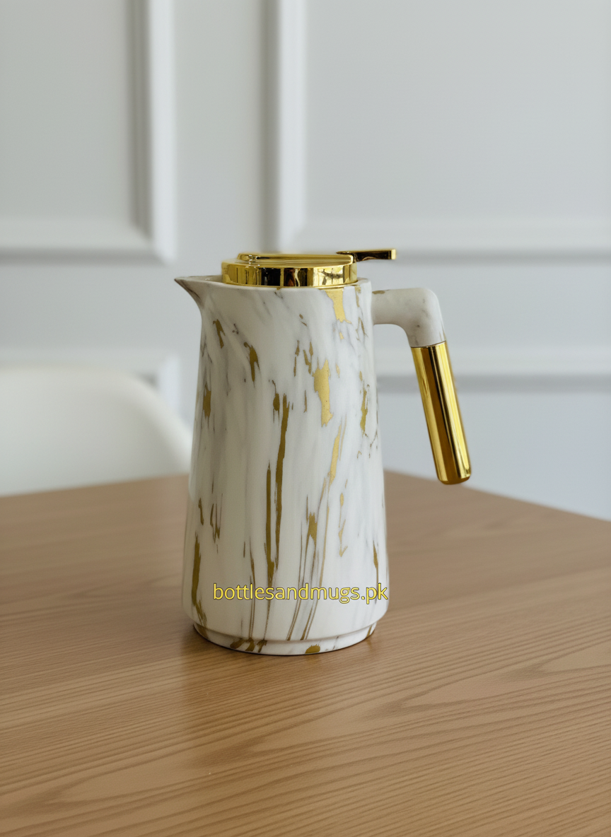 Vacuum Flask Carafe 1L | White Stone Texture Insulated Coffee & Tea Pot With Gold Accents
