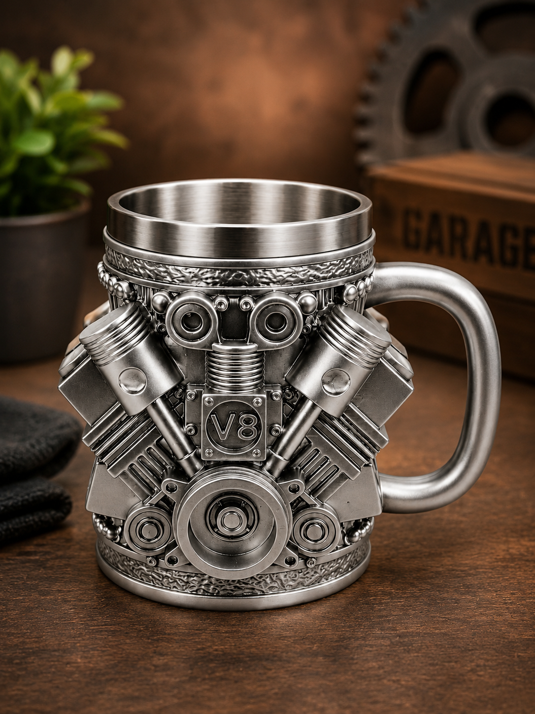V8 Engine Coffee Mug – 450ml 3D Mechanical Engine Stainless Steel Tankard