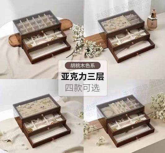 3-Tier Wooden Jewelry Box Transparent Window Rings Necklace Jewelry Storage Case Organizer Bracelet Earrings