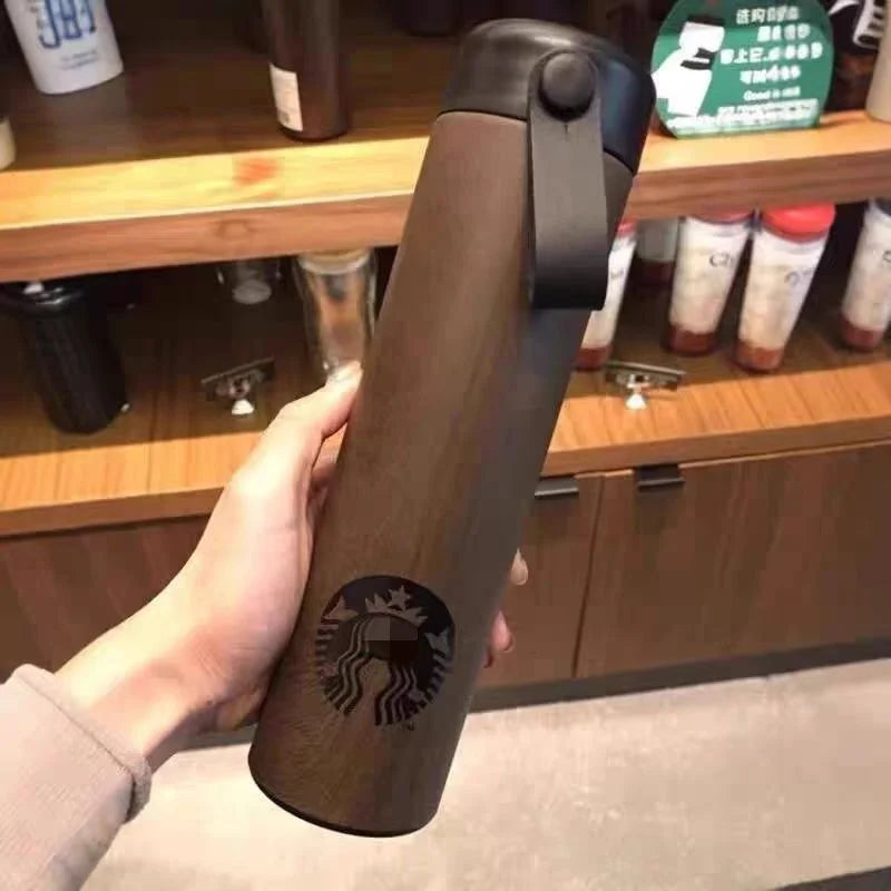 Starbucks Black Wooden Stainless Steel Bottle with Strap | 473Ml