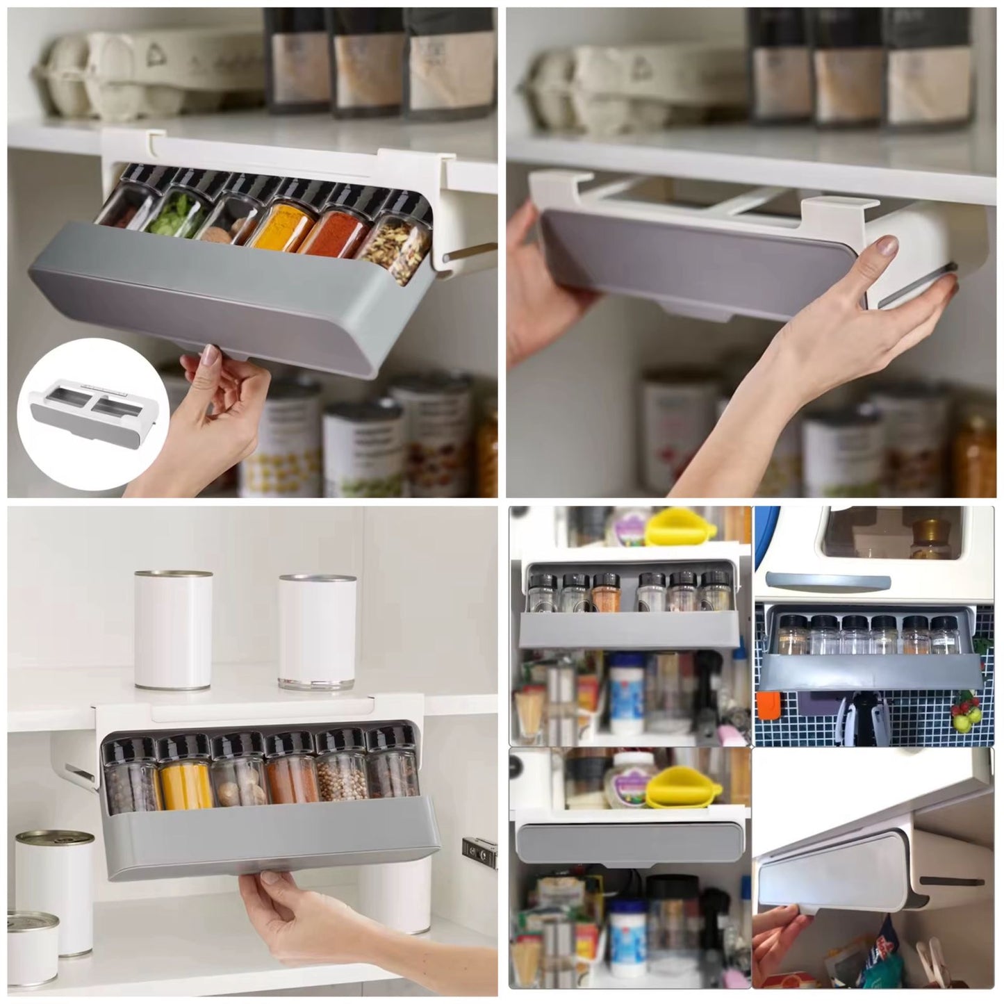 Under Shelf Spice Organizer with 6 Bottles, Kitchen Seasoning Bottle Storage Rack, Self-Adhesive Spice Rack Organizer