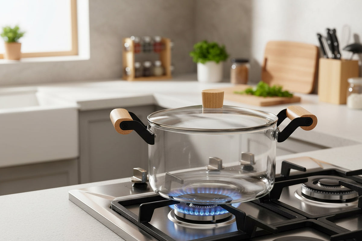 Heat-Resistant Borosilicate Glass Cooking Pot with Lid & Wooden Handle ...