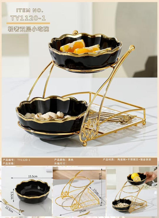 2-Tier ceramic serving stand with a gold-toned metal frame