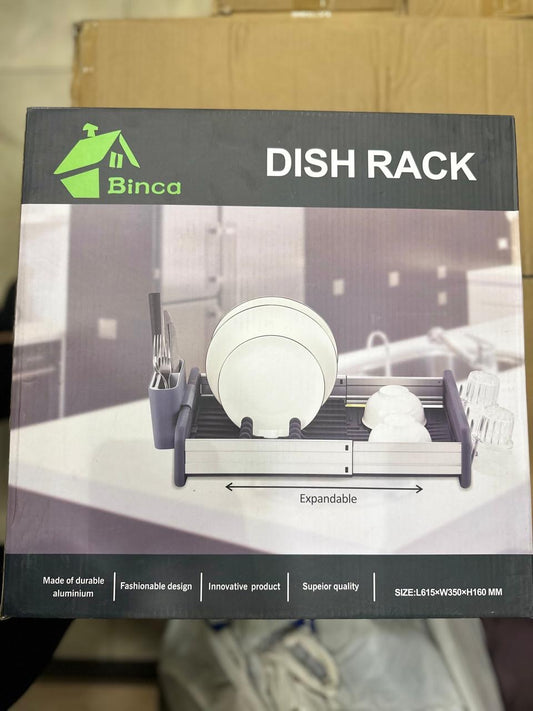 BINCA Expandable Dish Drainer, Aluminum Dish Drainer with Removable Cutlery Holder and Anti-Scratch Rack, Adjustable Dish Drainer with Swivel Drain Spout (1Pcs)