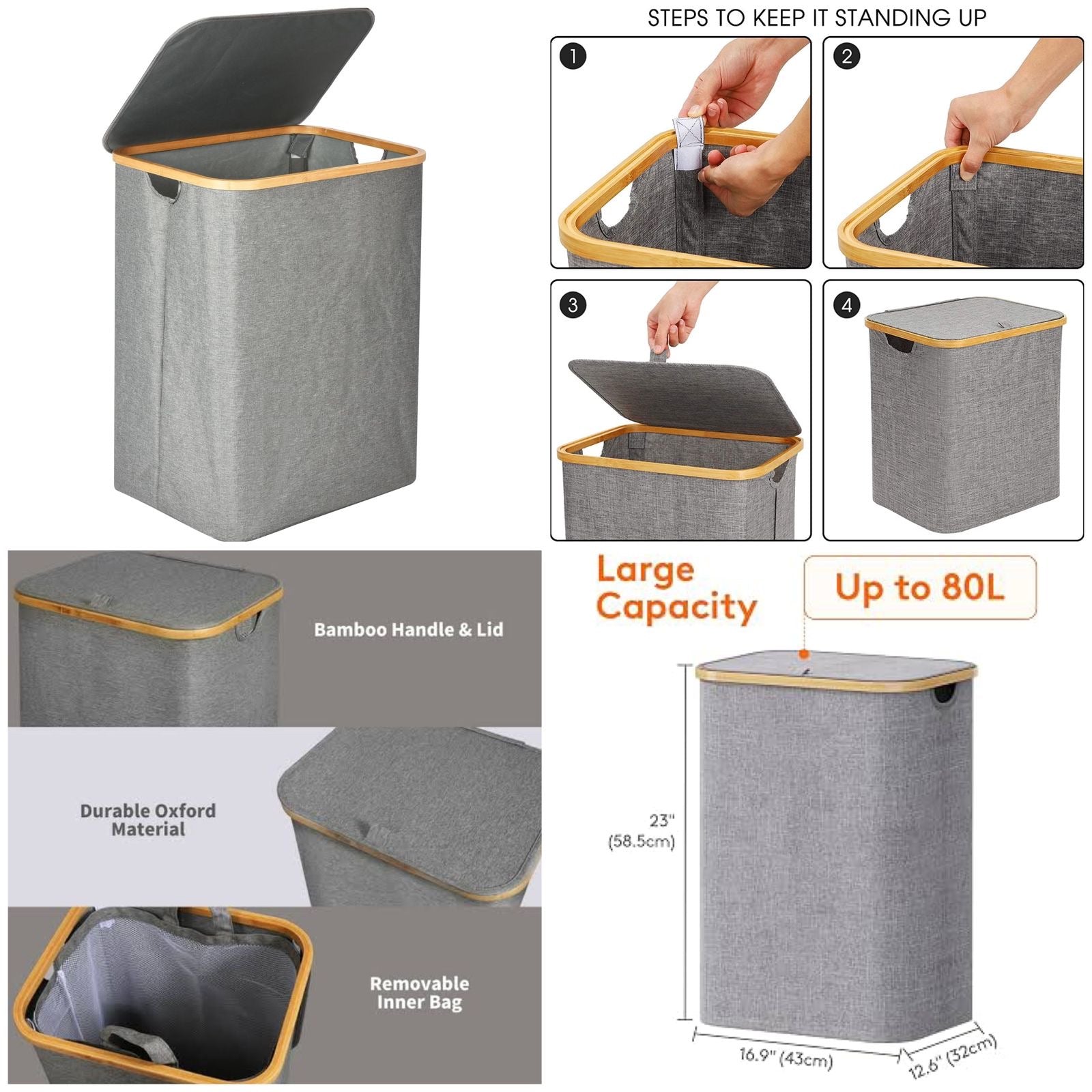 80L Collapsible Laundry Basket with Lid & Removable Inner Bag – Durable Oxford Clothes Hamper