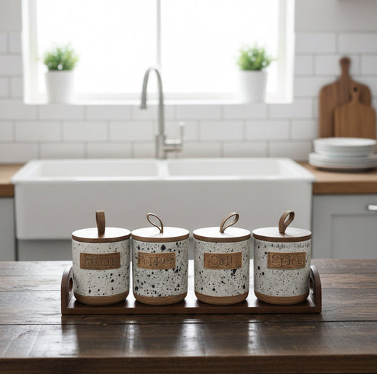 Rustic 4 Pcs Ceramic Jar Set With Wooden Tray