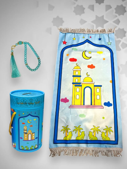 Kids Islamic Prayer Mat with Tasbeeh & Coin Bank Money Saving Box Premium Combo Best Gift for Ramadan