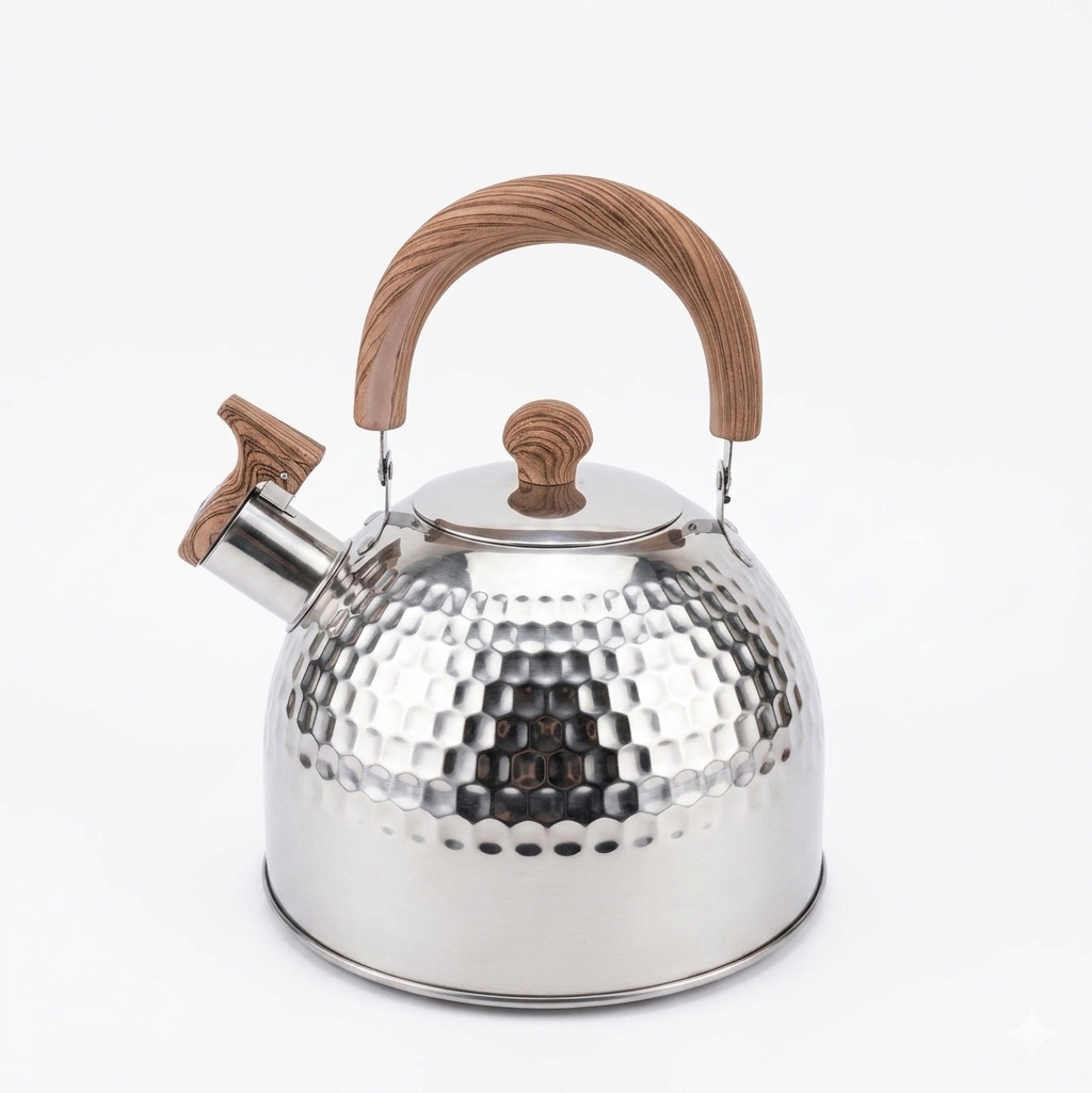 Hammered Stainless Steel Whistling Tea Kettle with Wood Pattern Handle - Premium Stovetop Teapot