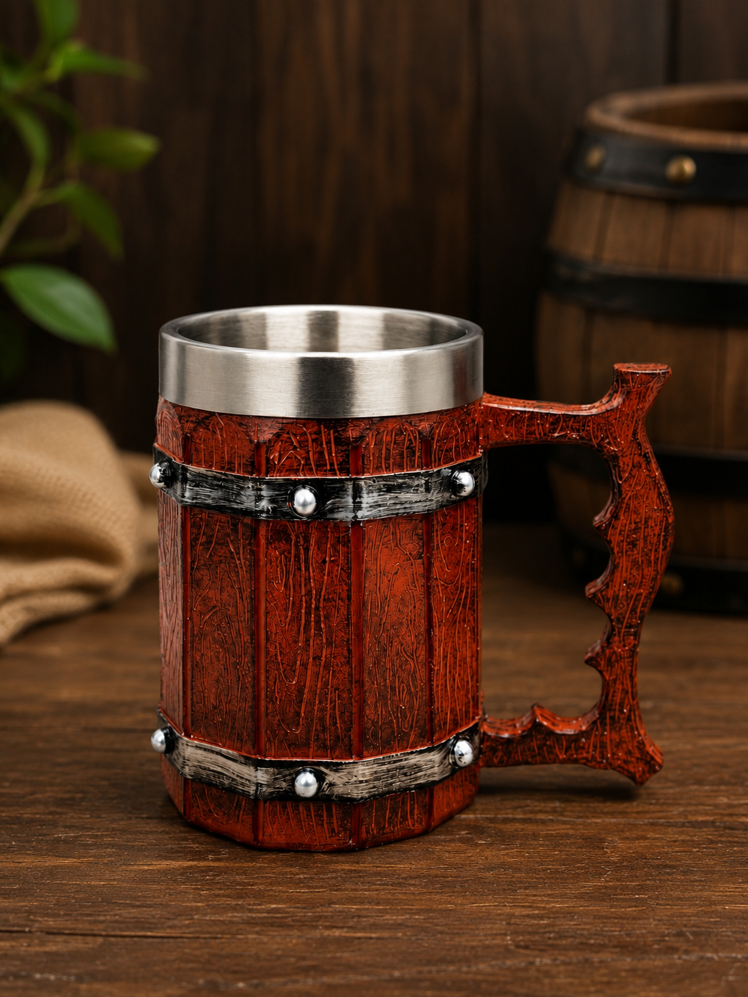 Viking-Style Beer Tankard with Stainless Steel Liner – 450ml Rustic Wood-Grain Mug