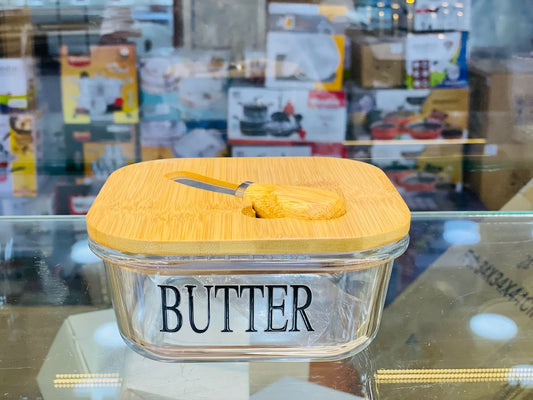 Airtight Glass Butter Box With Bamboo And Wood Lid And Butter Knife, Suitable For Kitchen And Restaurant Use, Suitable For Storing Butter And Beef A