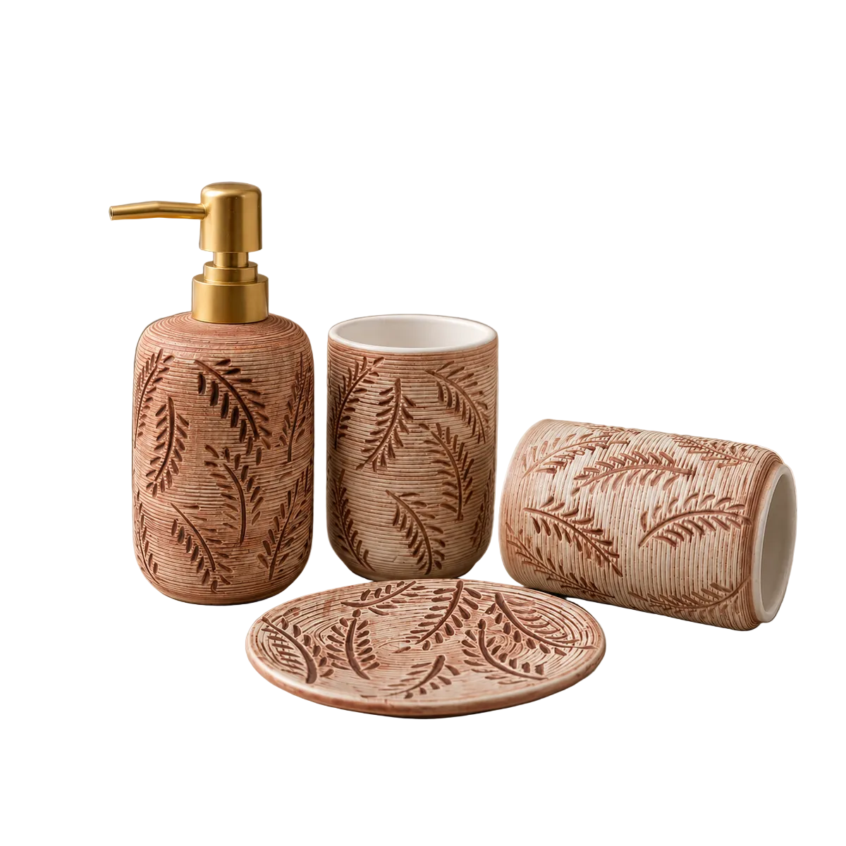 4-Piece Ceramic Bathroom Accessories Set With Gold Soap Dispenser Pump – Leaf Embossed Design