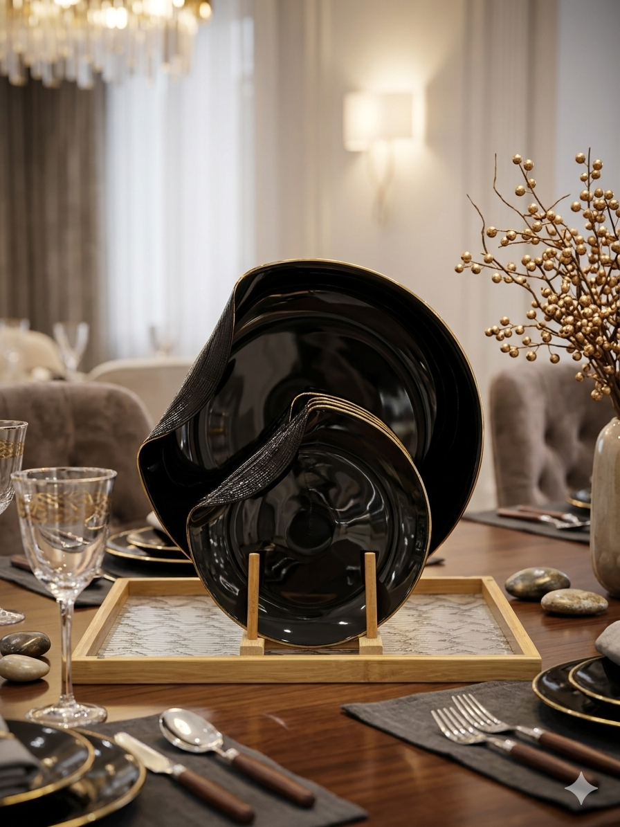 Kynzo Organic Midnight Black & Gold Dinnerware Set – 7-Piece