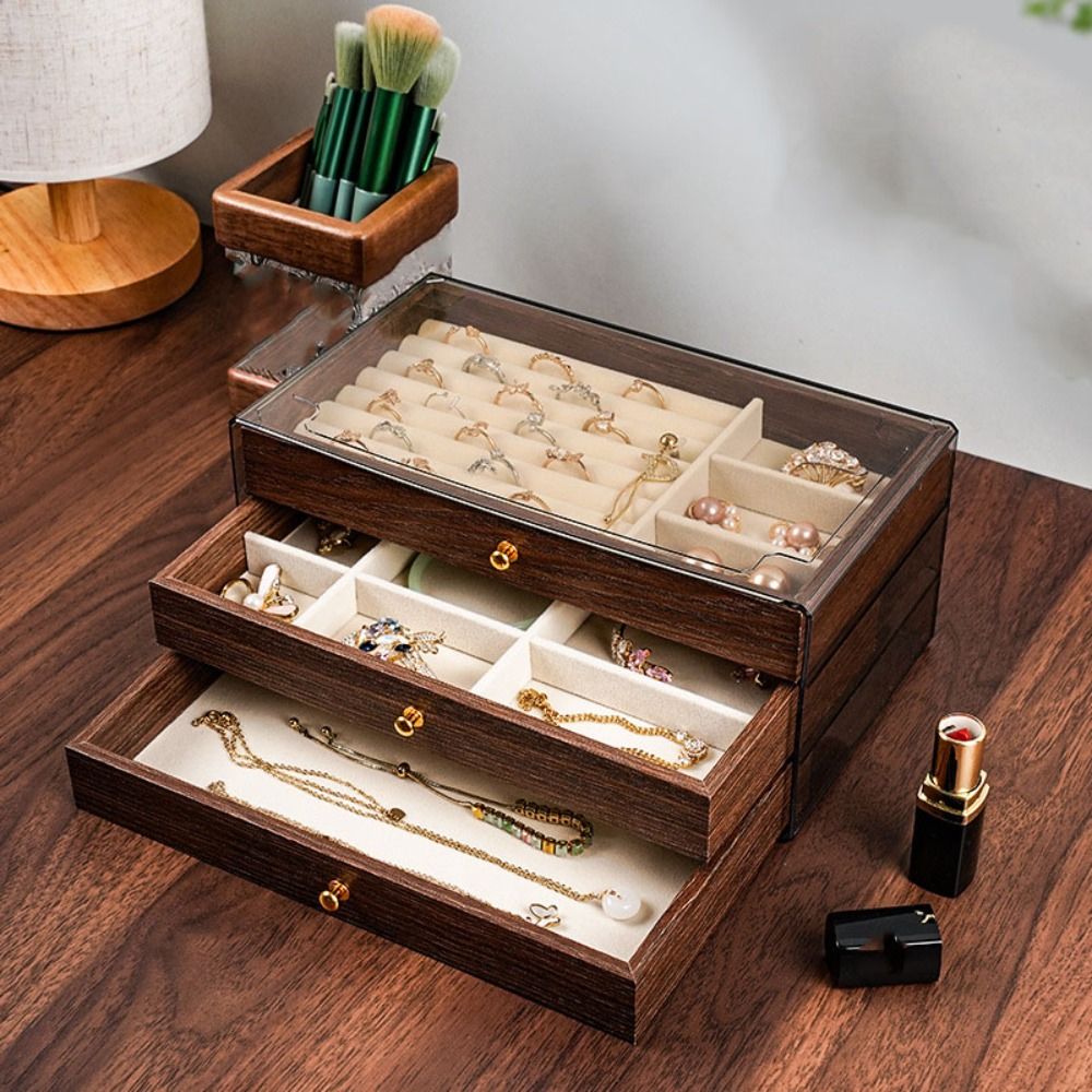 3-Tier Wooden Jewelry Box Transparent Window Rings Necklace Jewelry Storage Case Organizer Bracelet Earrings