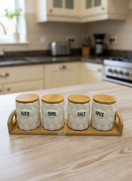 4 Pcs Bubble Ceramic Jar Set With Wooden Tray