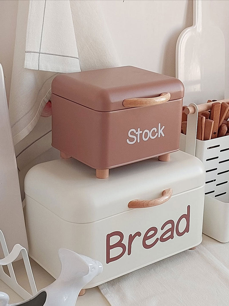 2PCS Nordic Style Bread Box Set – Metal Kitchen Counter Storage Bins with Wooden Handles