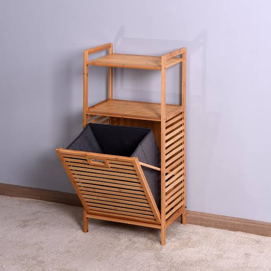 Bamboo 2- Tier Storage Rack Laundry Bsket Dirty Clothes Basket for Living Room Bedroom