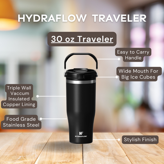 Hydraflow Traveler 30oz Vacuum Insulated Stainless Steel Tumbler – Wide Mouth & Carry Handle