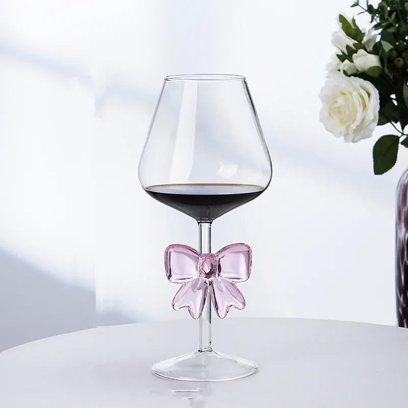 1 Piece Elegant Large Pink Bow Decorated Transparent Red Wine Glasses Goblet Champagne Flutes Coupes White Wine Glass Cup | 300Ml