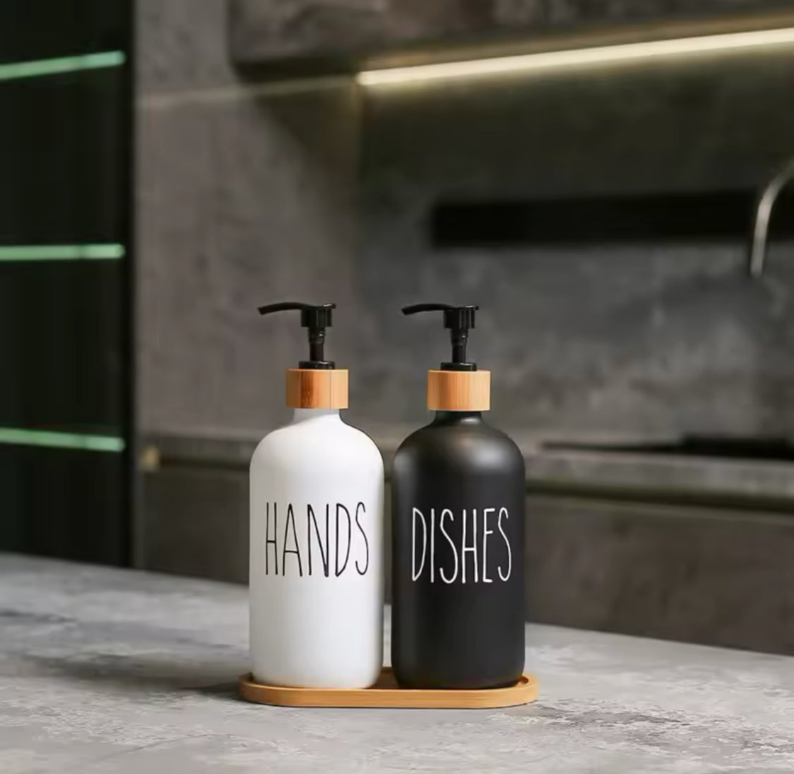 Glass Soap Dispenser Set with Bamboo Tray – Matte Black & White Kitchen Sink Bottles Set Of 2Pcs (Hands & Dishes)