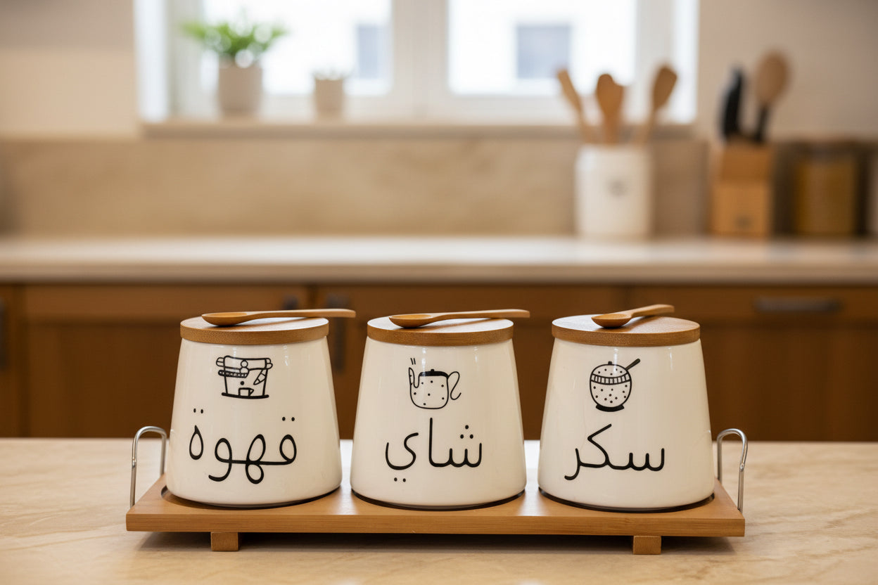 Porcelain 3Pcs Jars Set With Bamboo Tray