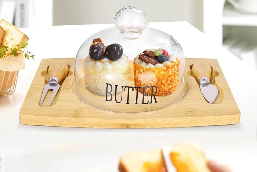 Elegant Wooden Butter Dish with Glass Lid & Knife Set – Multipurpose Serving Tray for Butter, Cheese, or Cake