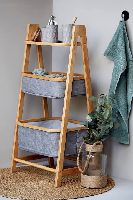 Relaxdays Folding 3-Tier Bamboo Storage Rack with Baskets, Folding Bins, Wooden