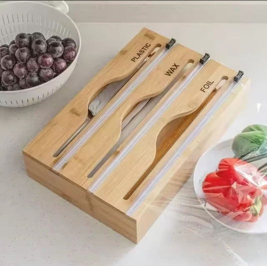 3-in-1 Bamboo Plastic Wrap Dispenser with Slide Cutter | Aluminum Foil & Wax Paper Organizer for Kitchen Drawer