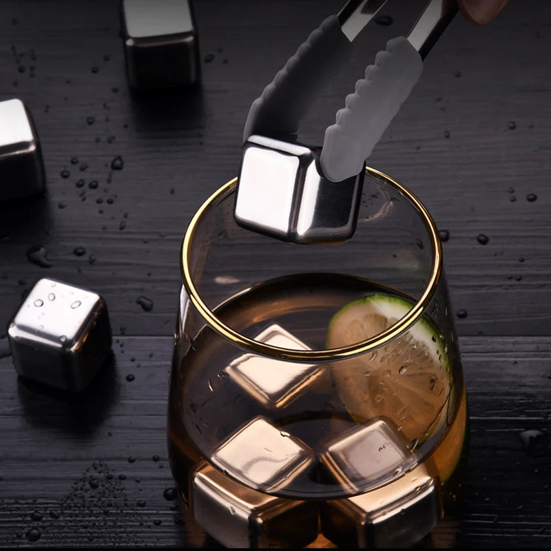 8 PACK, METAL REUSABLE ICE CUBES, STAINLESS STEEL WITH TONG