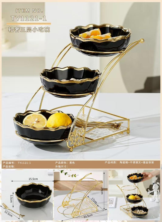 3-tier cake stand or serving platter ceramic bowls and a gold-plated iron stand