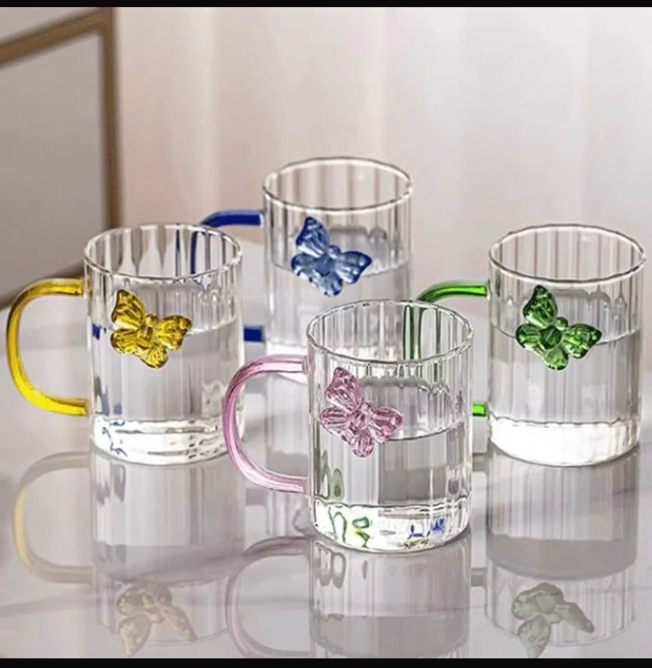 Butterfly Embossed Glass Mug with Colored Handle – Ribbed Clear Tea & Coffee Cup (280ml)