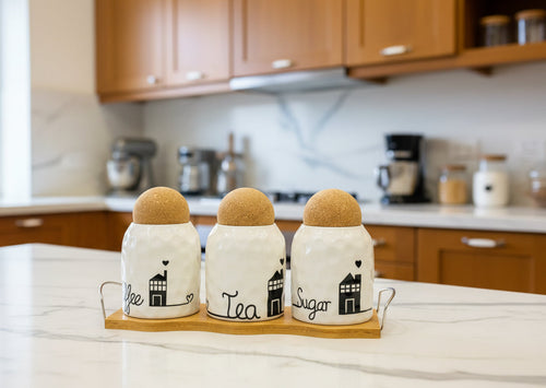 3-Piece White Textured Ceramic Kitchen Storage Jars - Coffee, Tea, Sugar Organizers