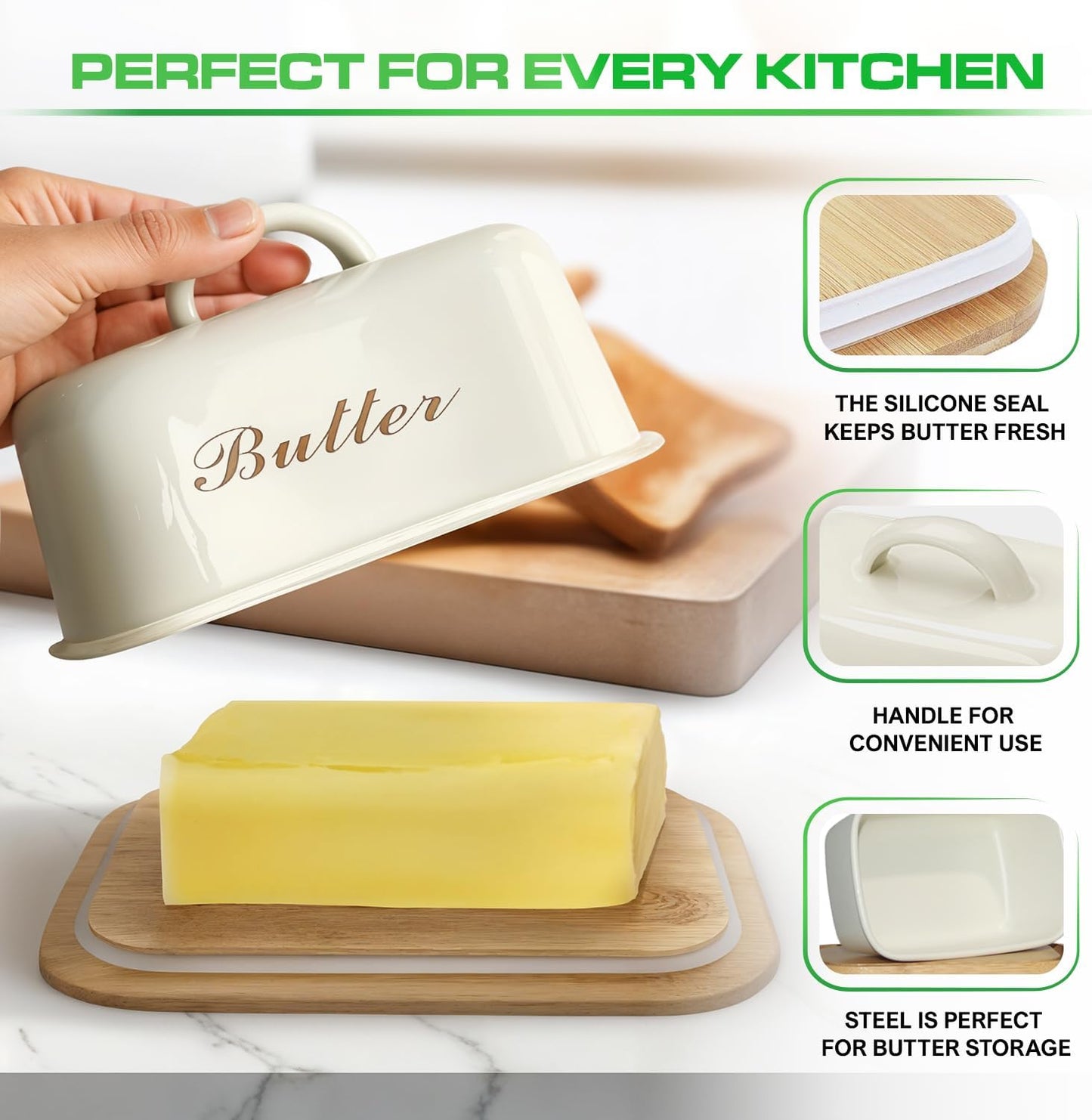Plexon Off-white Butter Dish with Handle, Covered Butter Dish, Metal Airtight with Lid and Handle, Cute Counter Butter Keeper, Galvanized Steel Butter Counter Holder, Bamboo Butter Tray with Lid