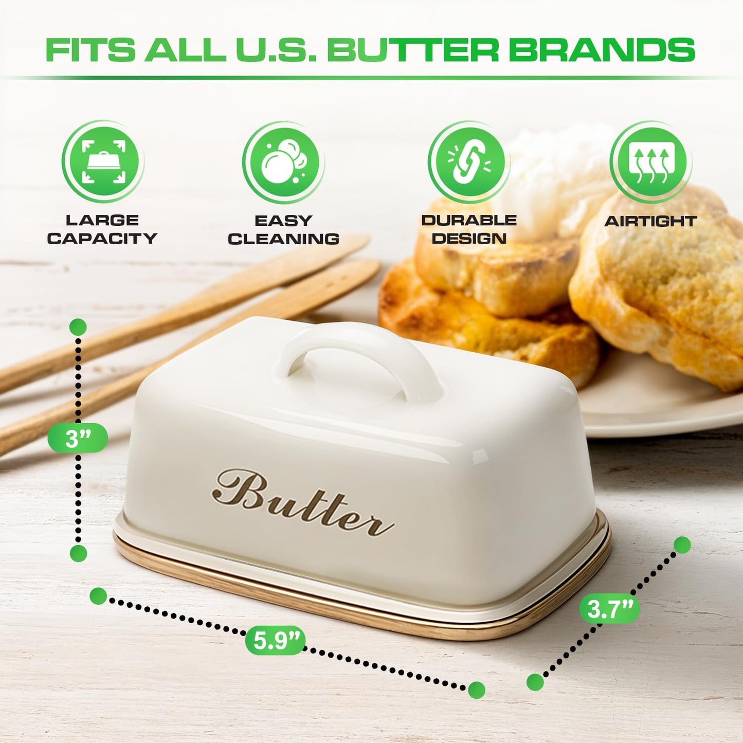 Plexon Off-white Butter Dish with Handle, Covered Butter Dish, Metal Airtight with Lid and Handle, Cute Counter Butter Keeper, Galvanized Steel Butter Counter Holder, Bamboo Butter Tray with Lid