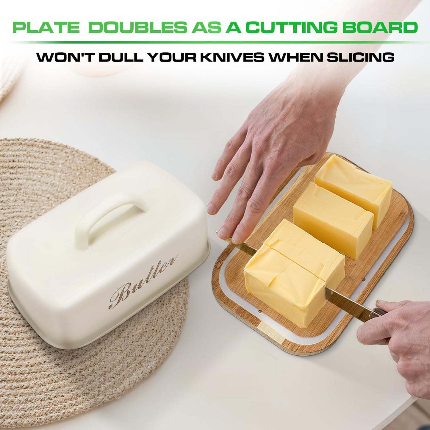 Plexon Off-white Butter Dish with Handle, Covered Butter Dish, Metal Airtight with Lid and Handle, Cute Counter Butter Keeper, Galvanized Steel Butter Counter Holder, Bamboo Butter Tray with Lid