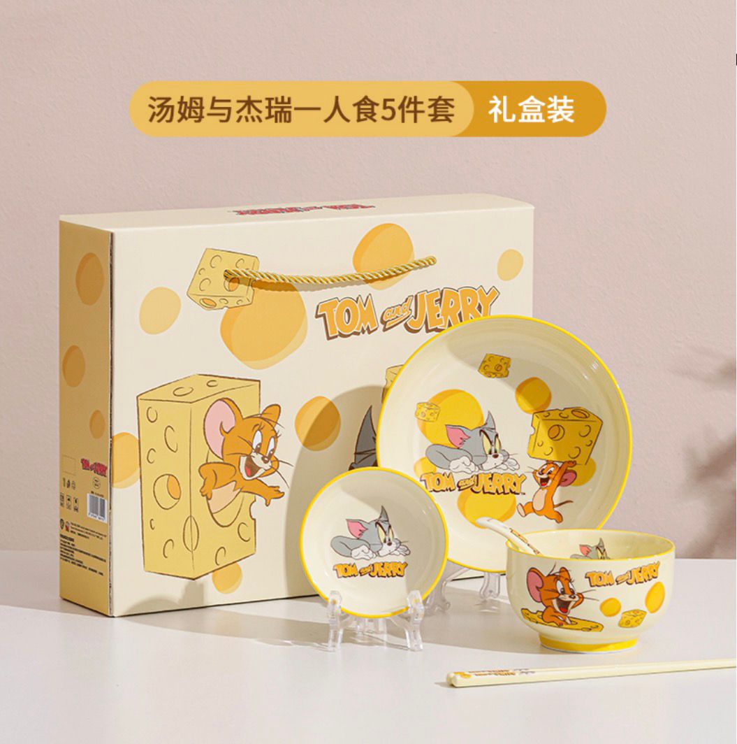 Tom & Jerry 6-Piece Ceramic Tableware Gift Set – Cartoon Theme Plate, Bowl, & Cutlery with Cheese Pattern Gift Box