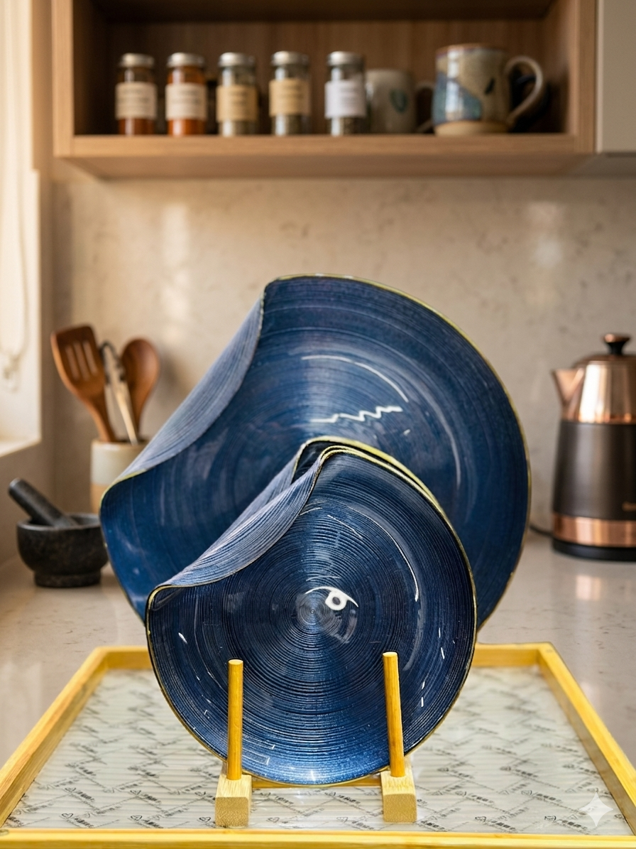 Kynzo Organic Sapphire Blue & Gold 7-Piece Dinnerware Set – 6 Plates & 1 Platter