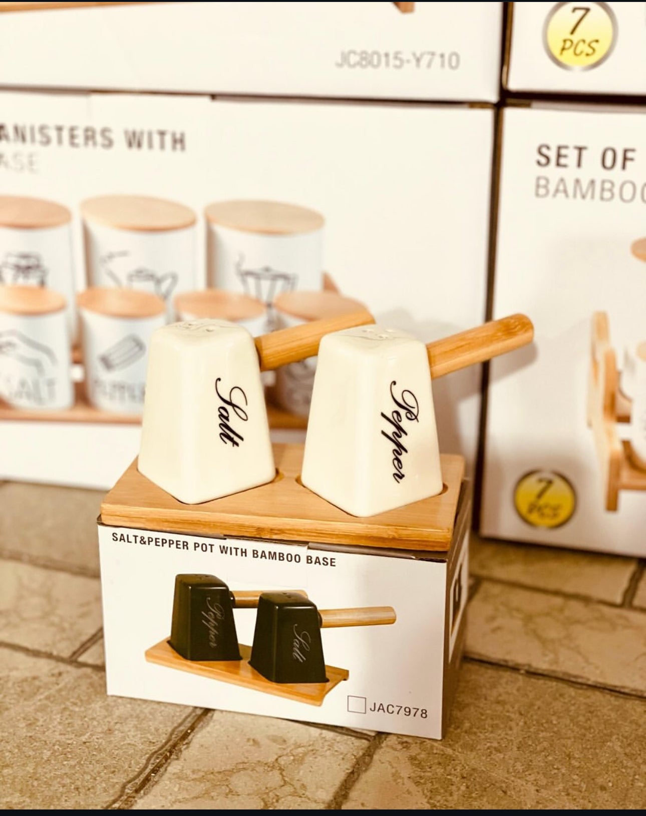 Ceramic Salt Shaker Set with Wooden Handle Bamboo Base