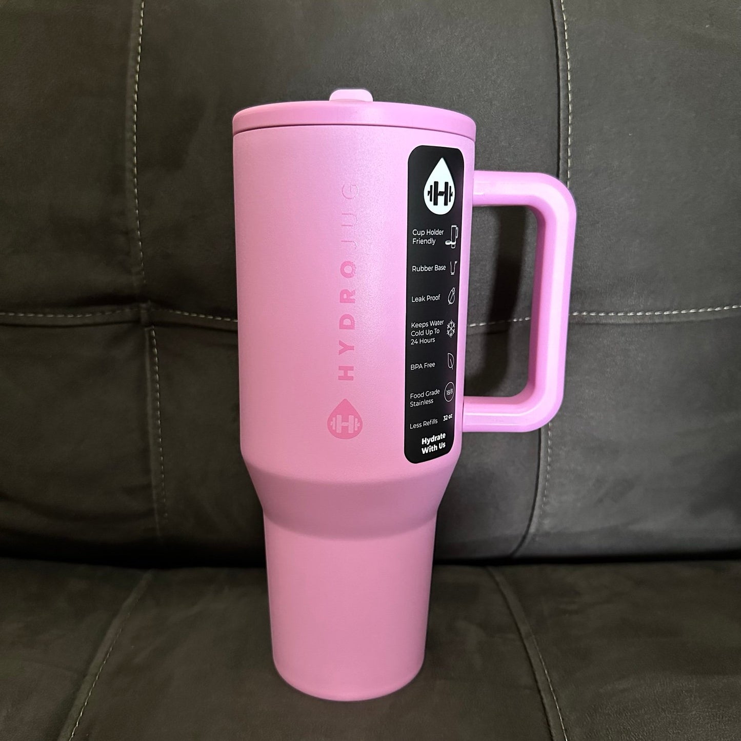 HydroJug Traveler - 32 oz Water Bottle with Handle & Flip Straw - Fits in Cup Holder, Leak Resistant Tumbler-Reusable Insulated Stainless Steel & Rubber Base