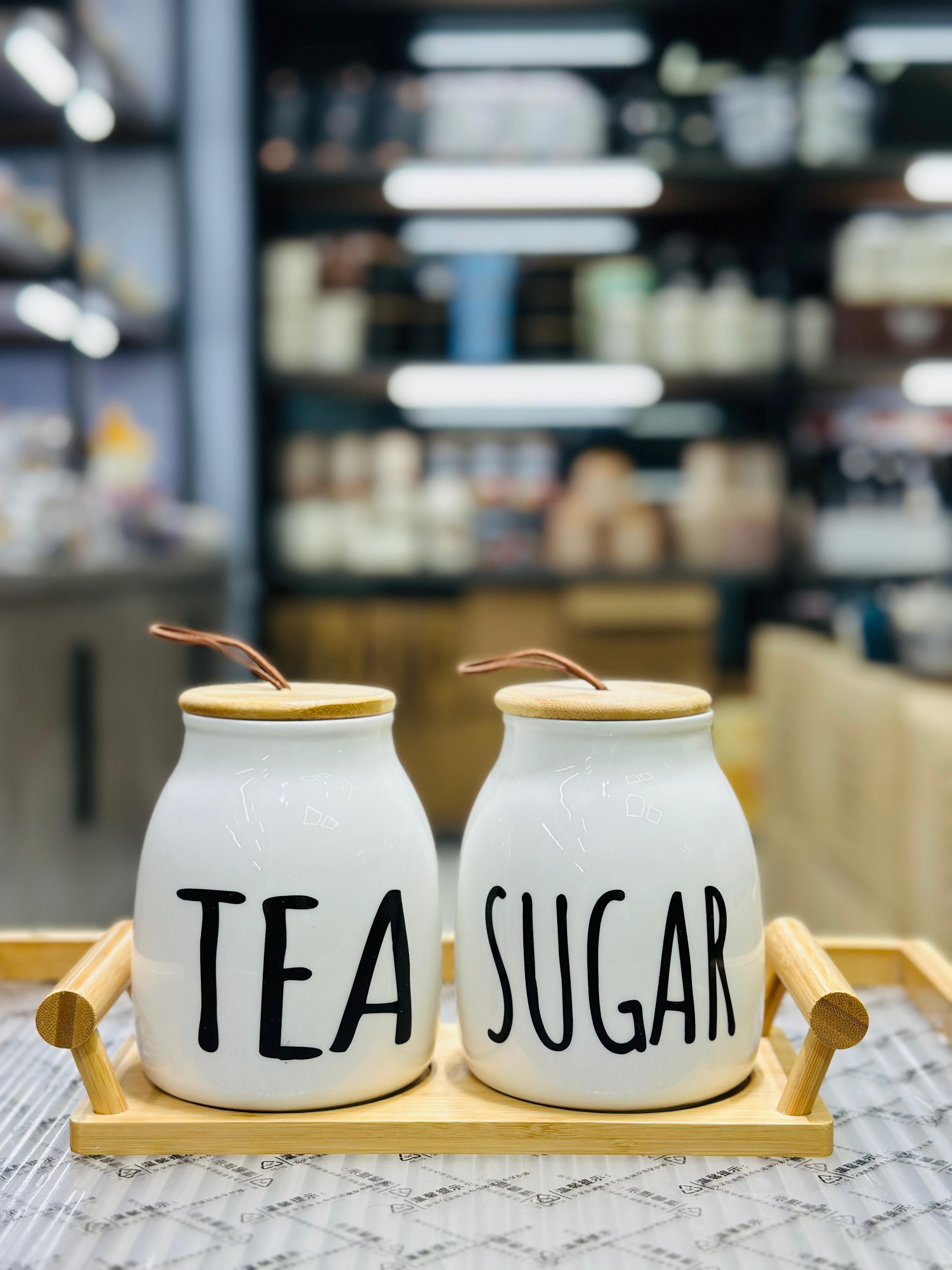 Ceramic Tea and Sugar Canister Set with Bamboo Lids and Tray – 2-Piece Minimalist Kitchen Storage Jars