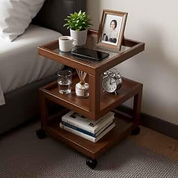3-Tier Bamboo Rolling Nightstand – Mobile End Table with Storage Shelves for Bedroom & Living Room