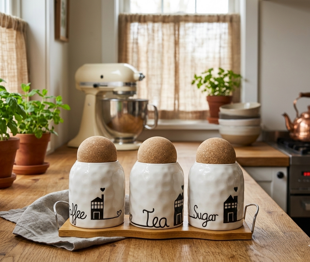 3-Piece White Textured Ceramic Kitchen Storage Jars - Coffee, Tea, Sugar Organizers