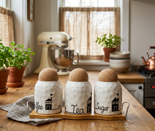 3-Piece White Textured Ceramic Kitchen Storage Jars - Coffee, Tea, Sugar Organizers