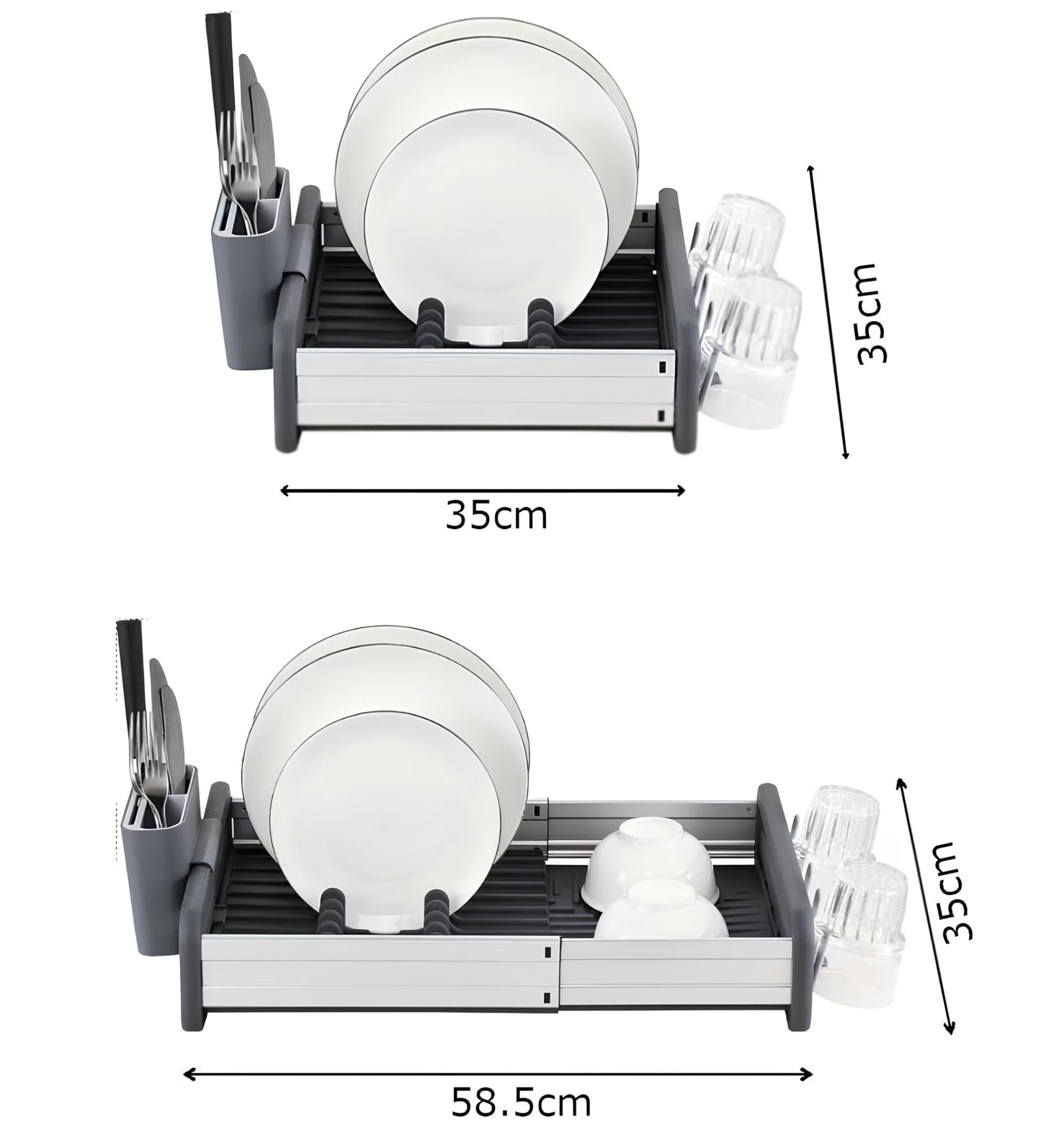 BINCA Expandable Dish Drainer, Aluminum Dish Drainer with Removable Cutlery Holder and Anti-Scratch Rack, Adjustable Dish Drainer with Swivel Drain Spout (1Pcs)