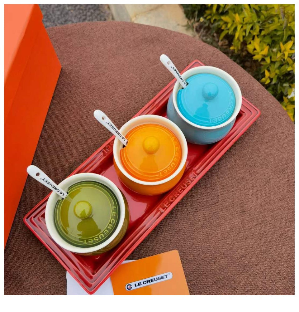Le Creuset Inspired Ceramic Condiment Jar Set with Tray & Spoons (3-Piece Color Set)