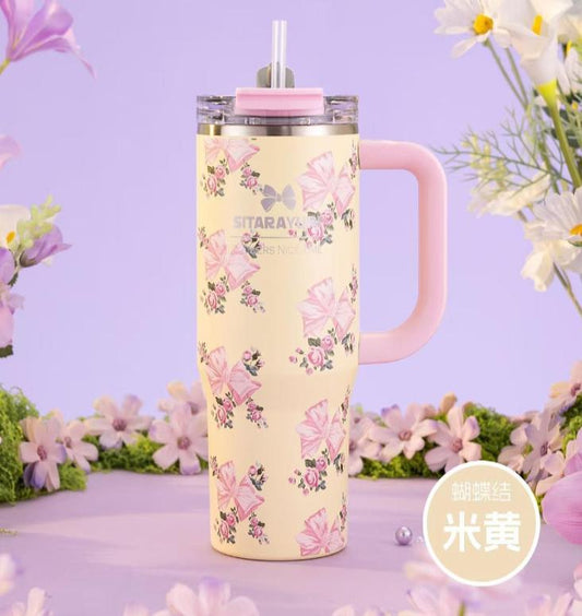SITARAYURI "Flowers Nice Time" insulated stainless steel tumbler in a purple finish with a decorative bow and floral pattern | 900Ml