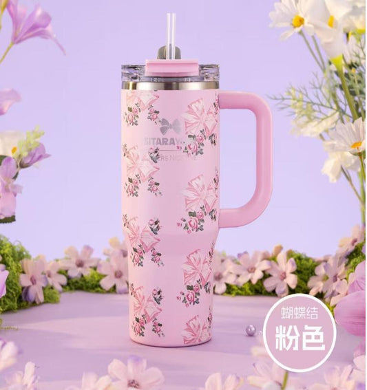 SITARAYURI "Flowers Nice Time" insulated stainless steel tumbler in a purple finish with a decorative bow and floral pattern| 900Ml